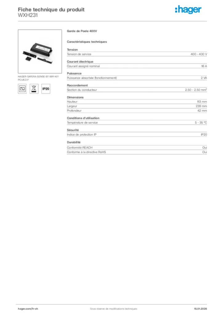 Image Hager Fiche technique du produit WXH231 | Hager Suisse