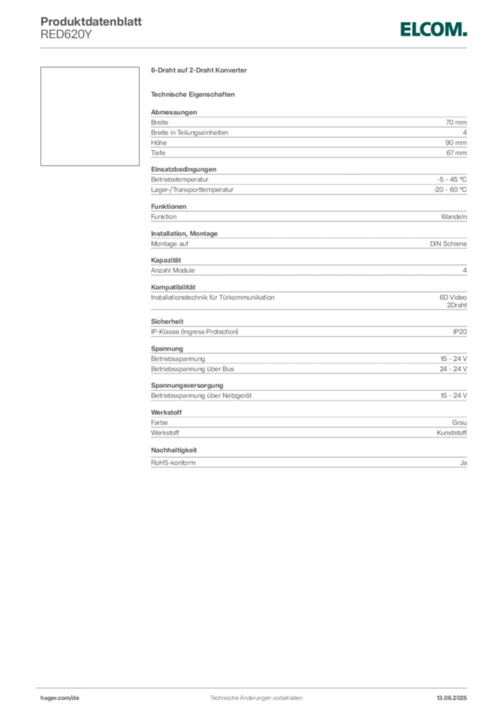 Elcom Produktdatenblatt RED620Y