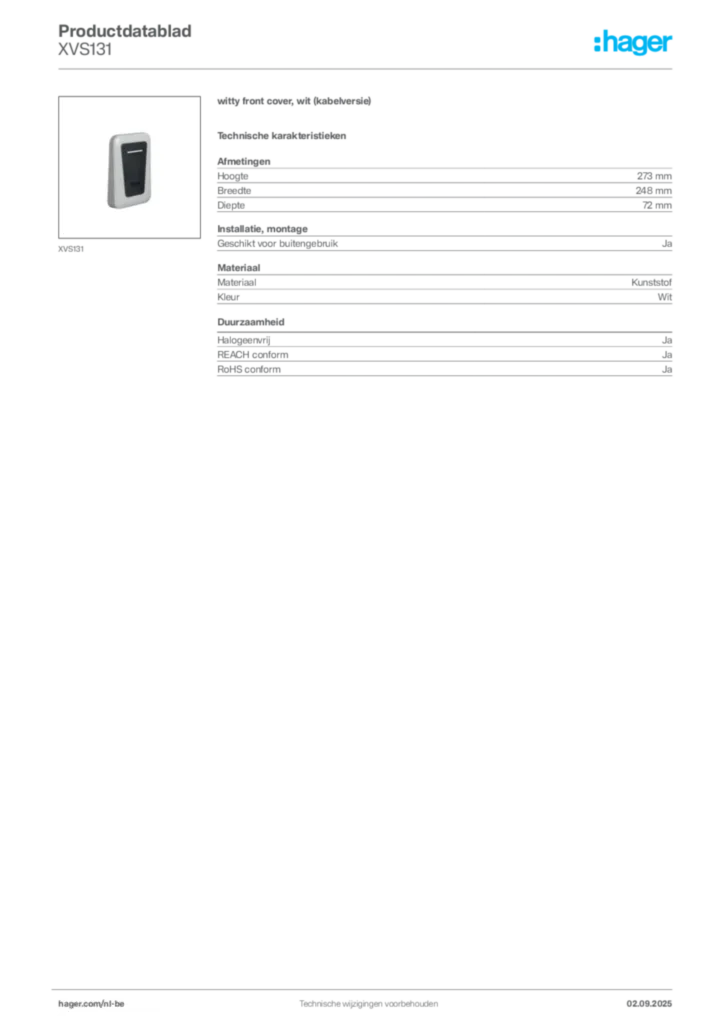 Afbeelding Hager Productdatablad XVS131 | Hager Belgium