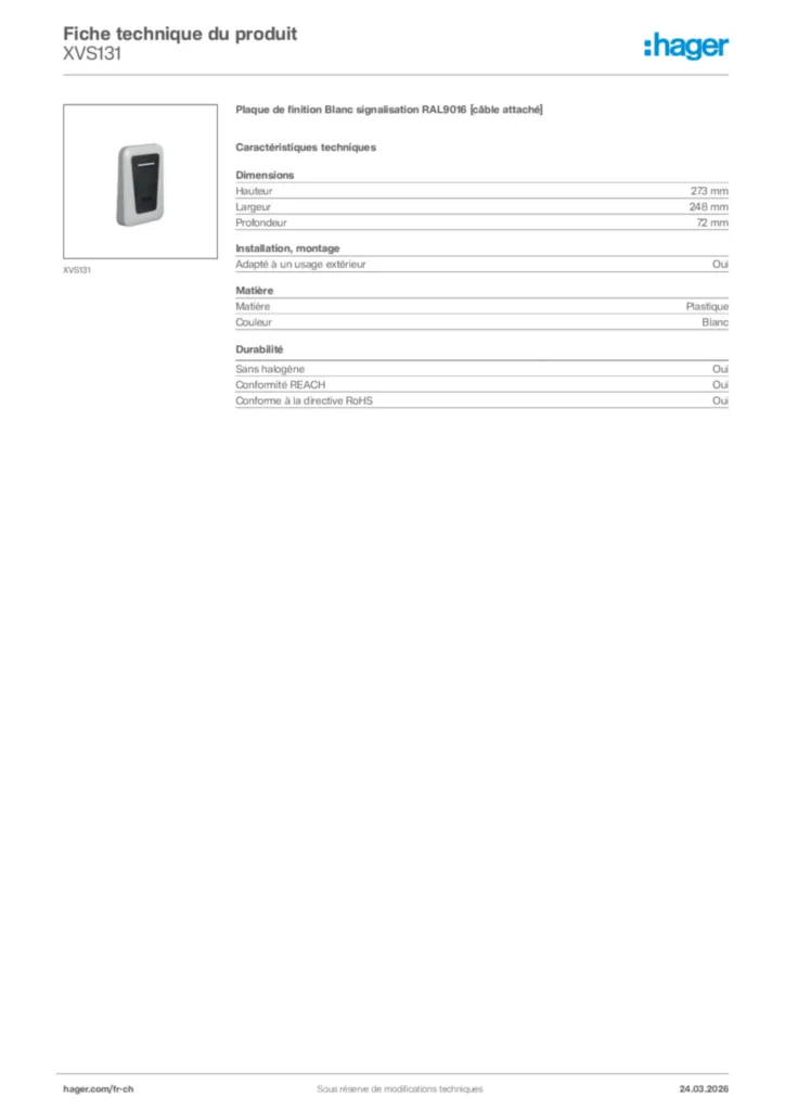 Image Hager Fiche technique du produit XVS131 | Hager Suisse