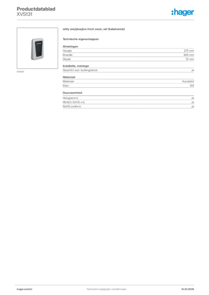 Afbeelding Hager Productdatablad XVS131 | Hager Nederland