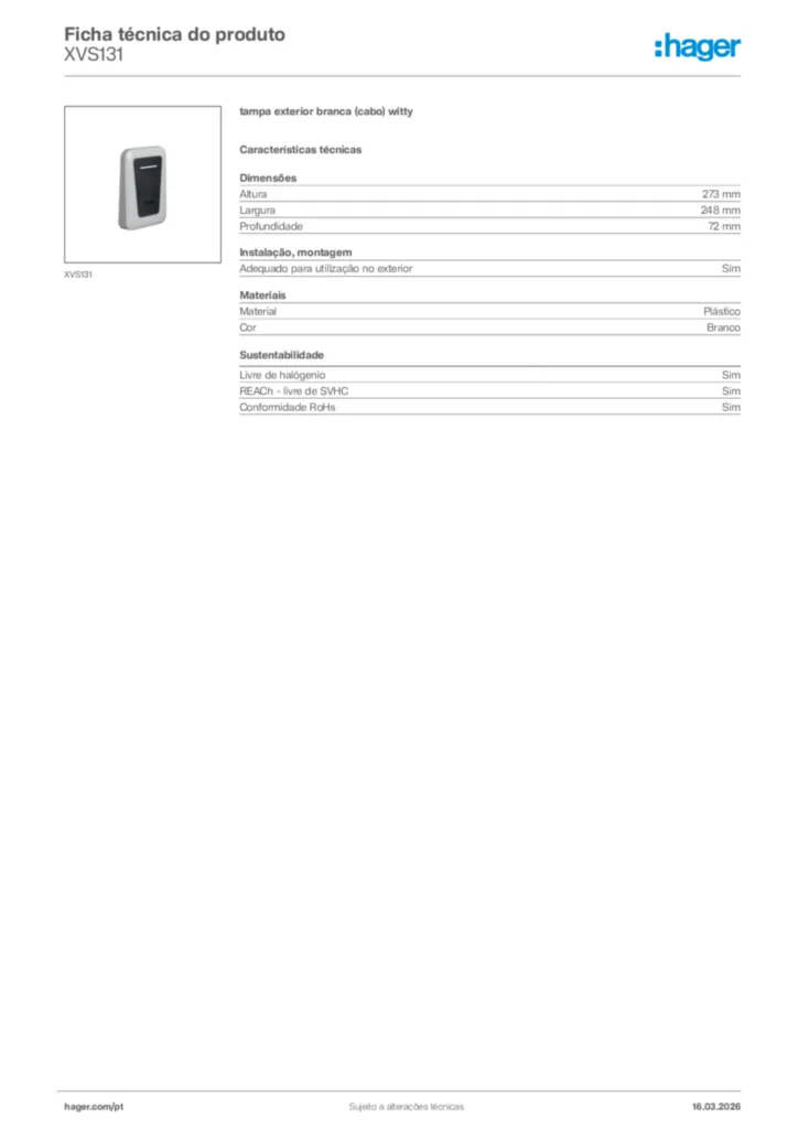 Imagem Hager Ficha técnica do produto XVS131 | Hager Portugal