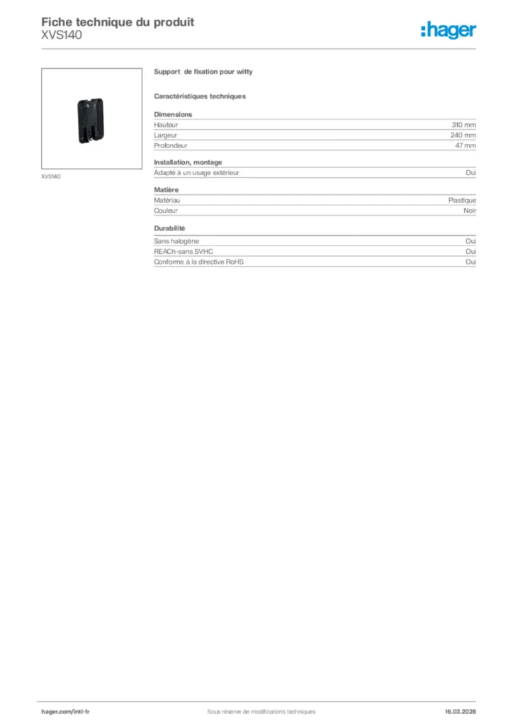 Image Hager Fiche technique du produit XVS140 | Hager Afrique