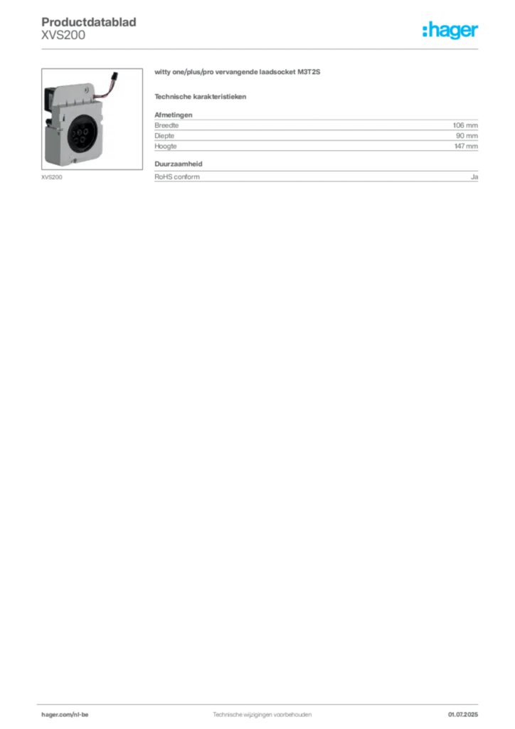 Afbeelding Hager Productdatablad XVS200 | Hager Belgium
