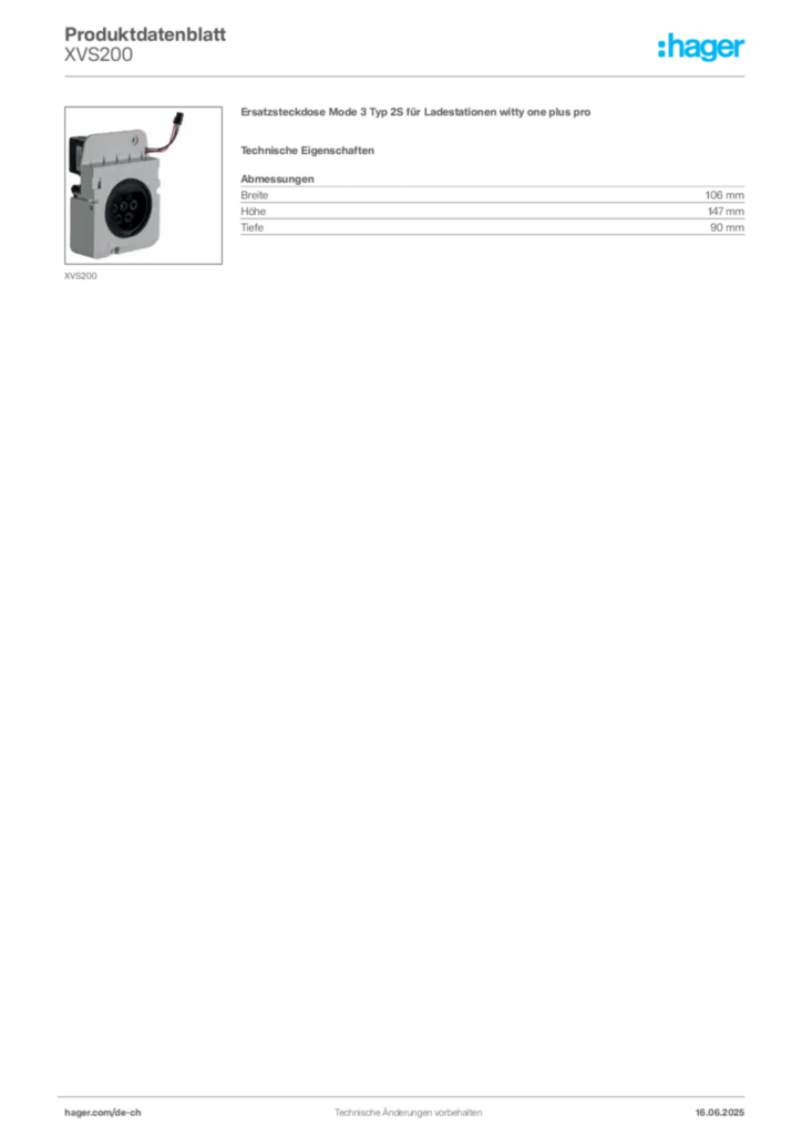 Bild Hager Produktdatenblatt XVS200 | Hager Schweiz
