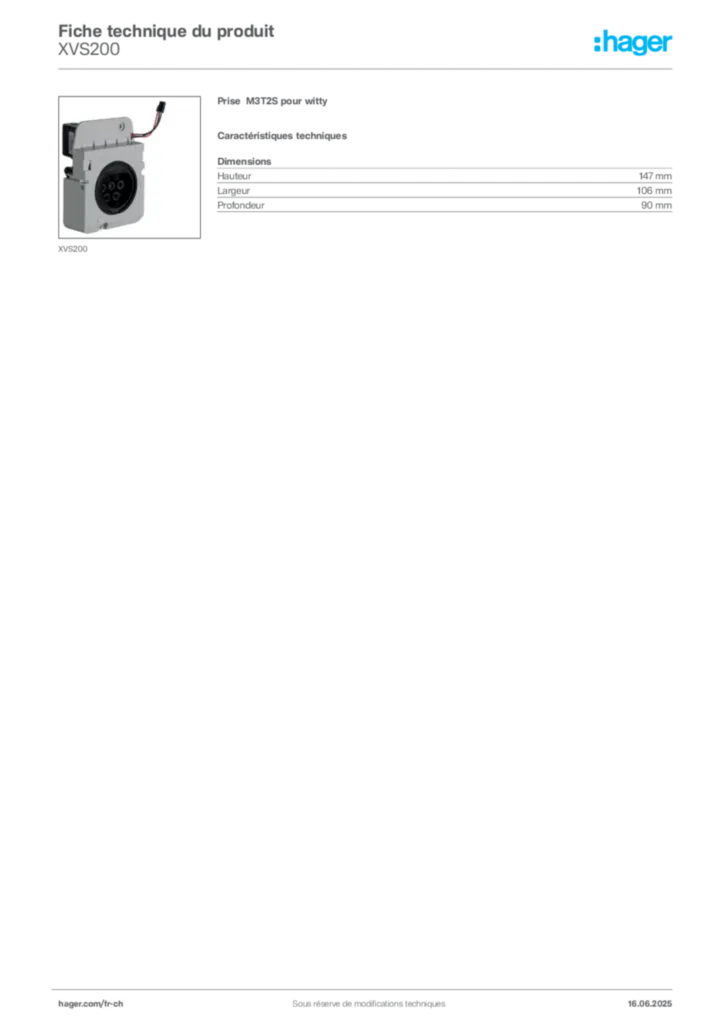 Image Hager Fiche technique du produit XVS200 | Hager Suisse