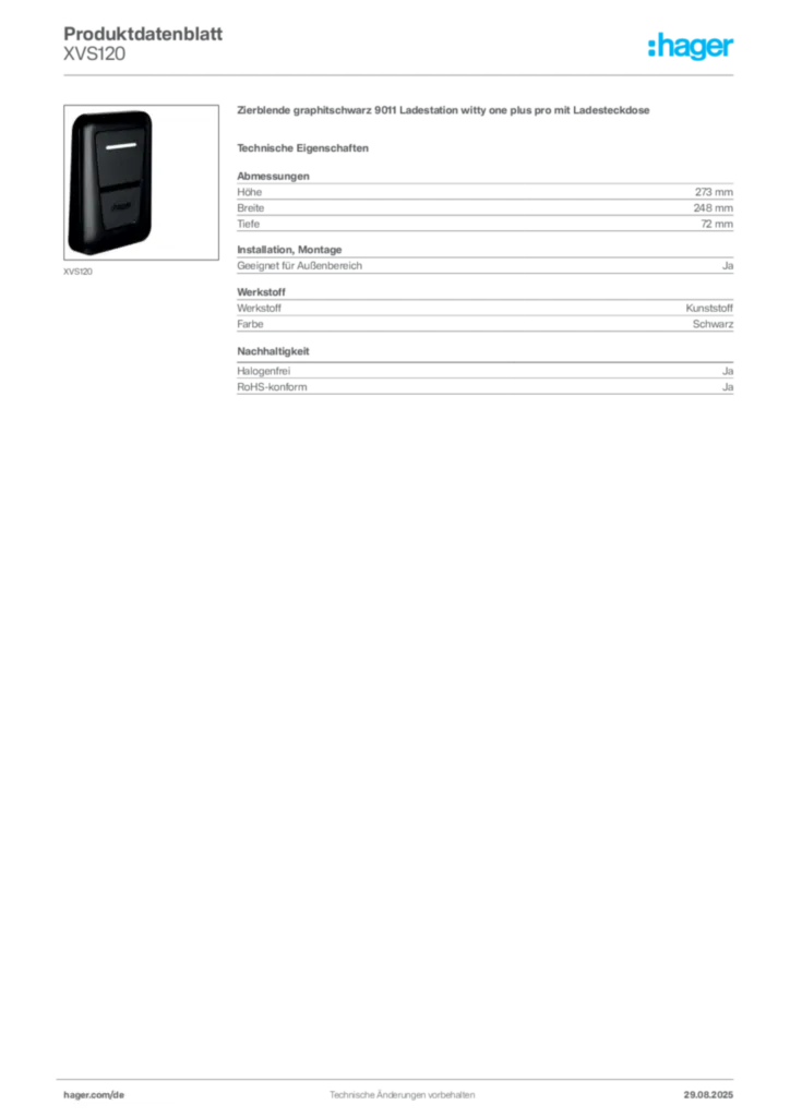 Hager Produktdatenblatt XVS120