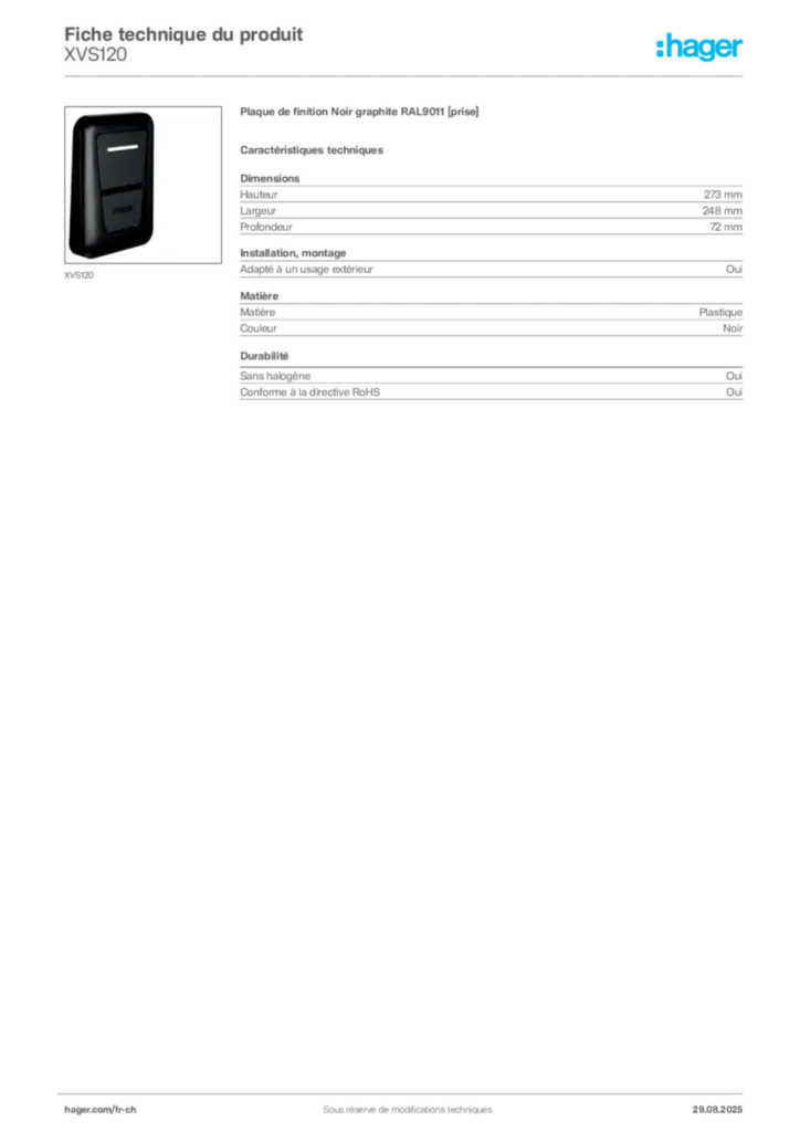 Image Hager Fiche technique du produit XVS120 | Hager Suisse
