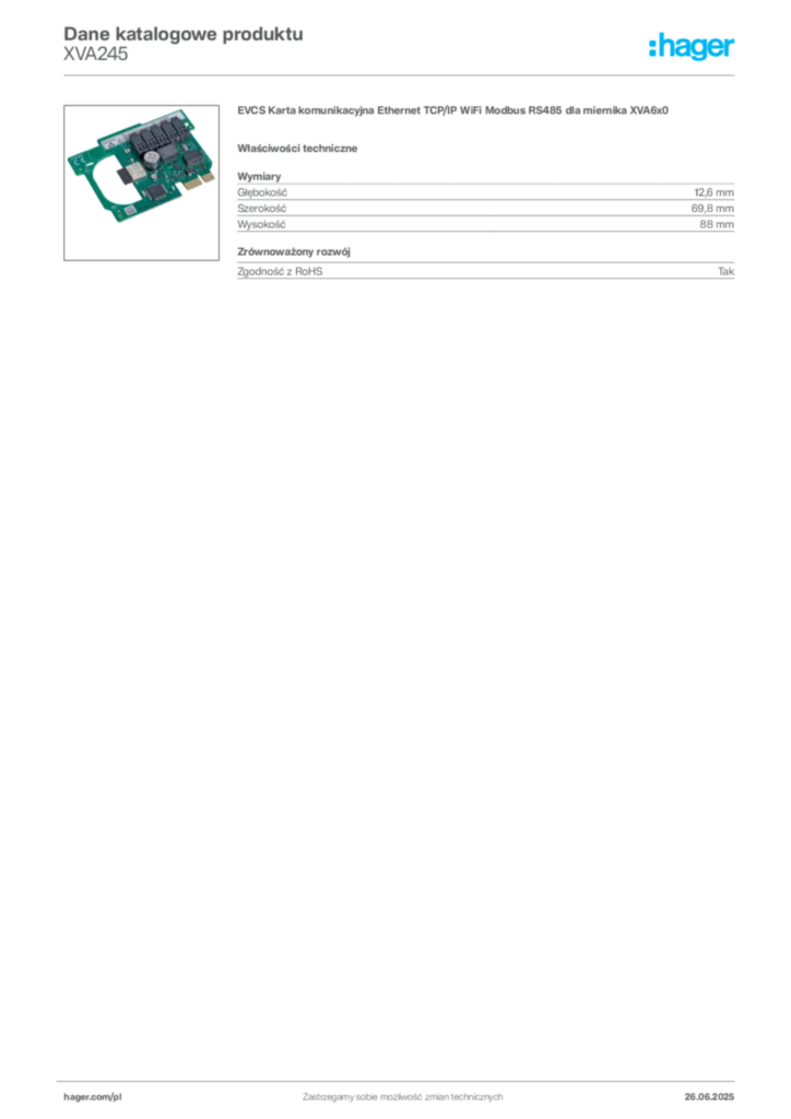 Zdjęcie Hager Dane katalogowe produktu XVA245 | Hager Polska