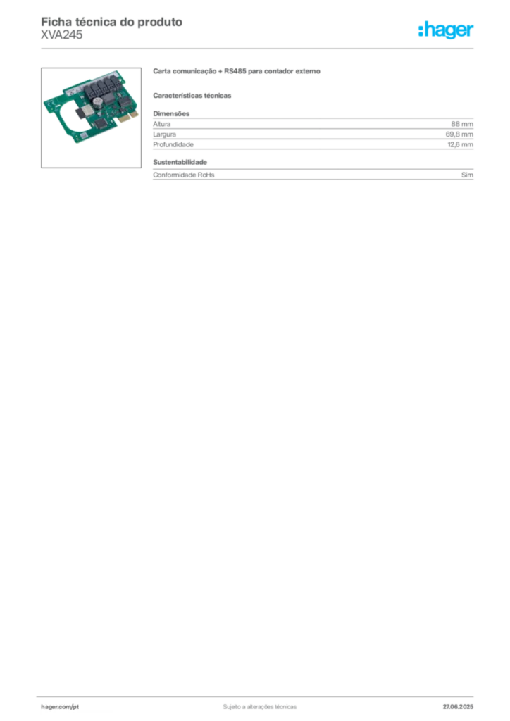 Imagem Hager Ficha técnica do produto XVA245 | Hager Portugal