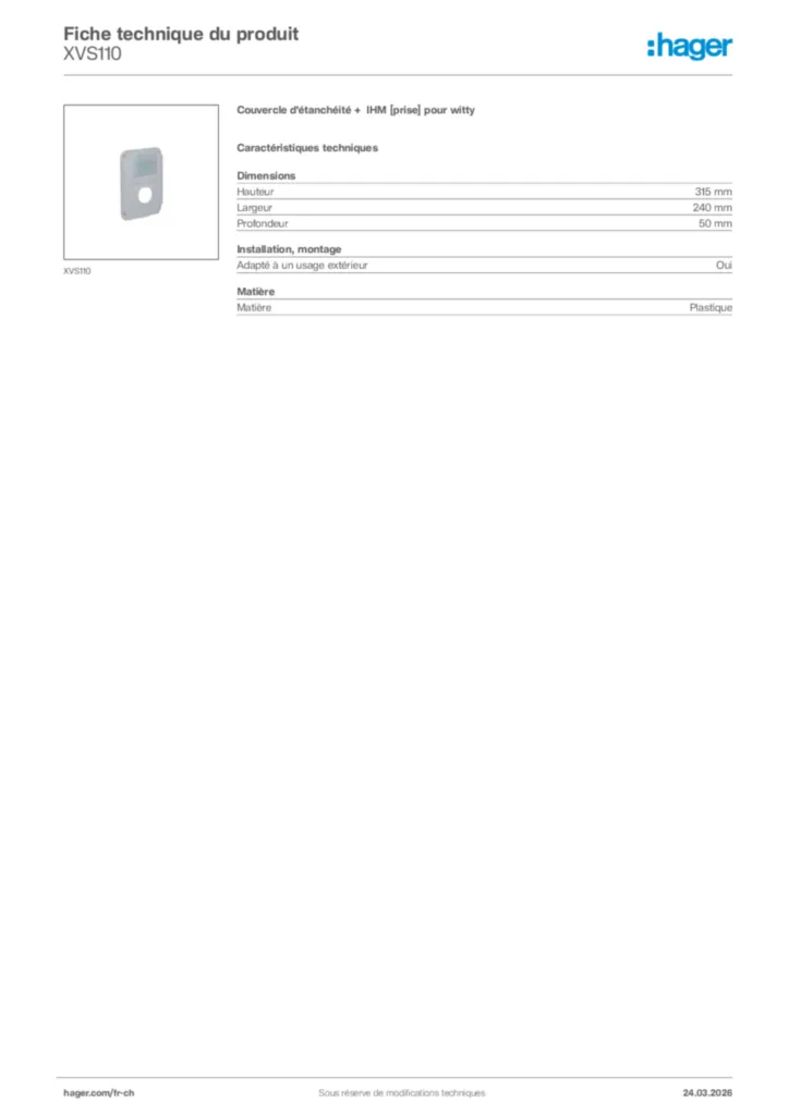 Image Hager Fiche technique du produit XVS110 | Hager Suisse