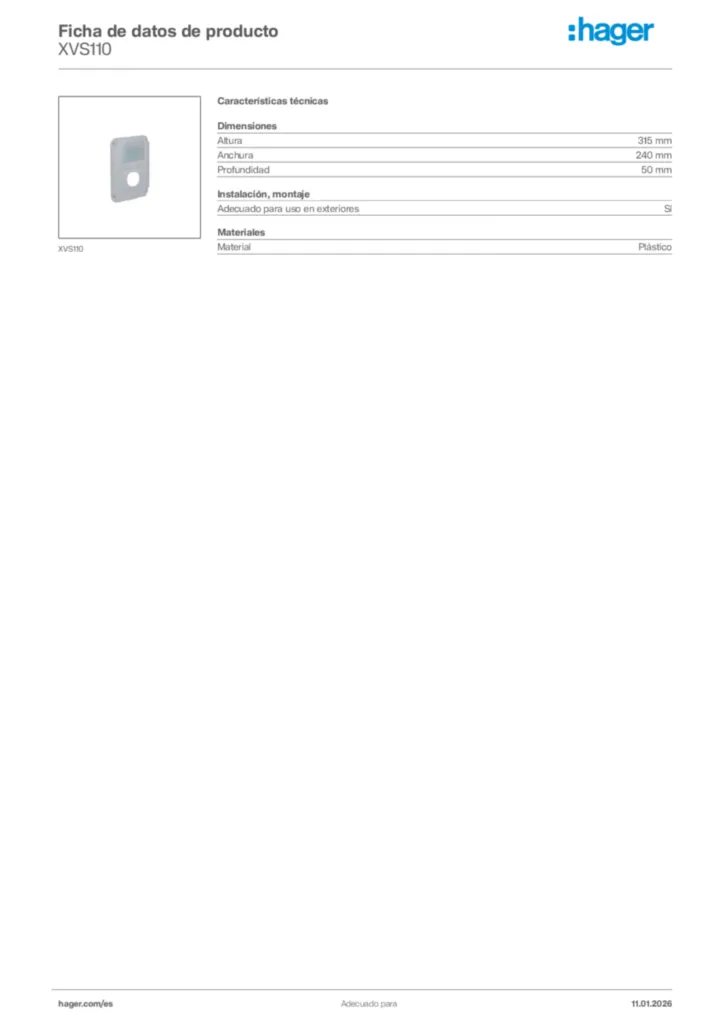 Imagen Hager Ficha de datos de producto XVS110 | Hager España