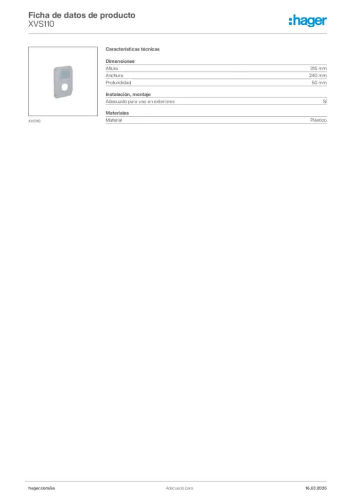 Imagen Hager Ficha de datos de producto XVS110 | Hager España