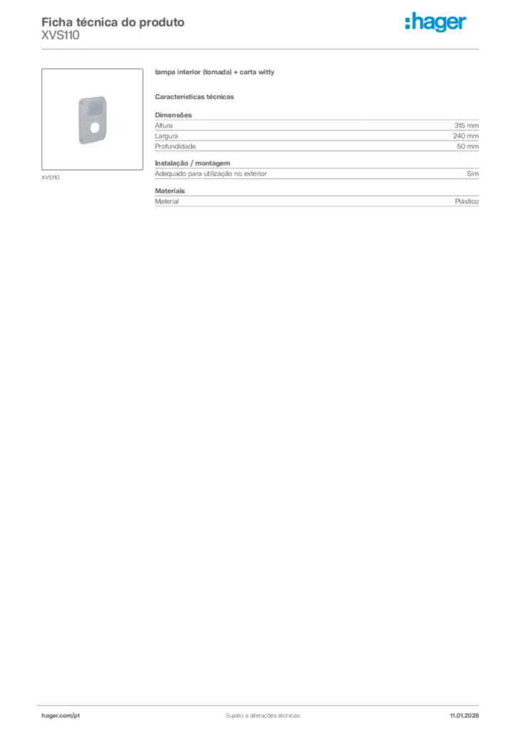 Imagem Hager Ficha técnica do produto XVS110 | Hager Portugal