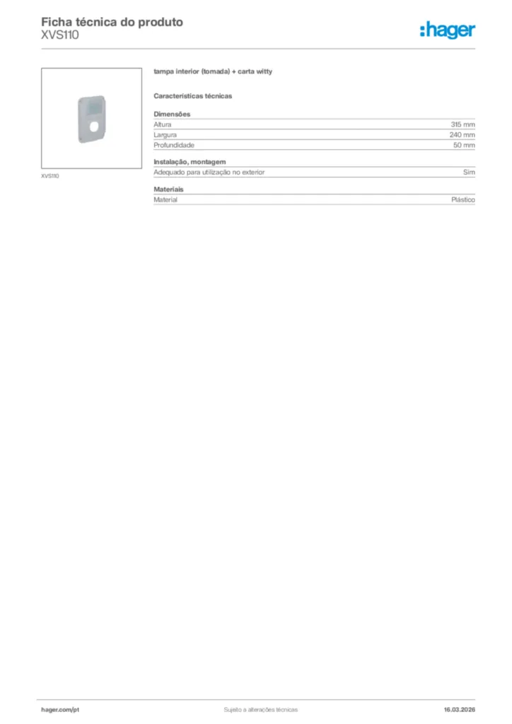 Imagem Hager Ficha técnica do produto XVS110 | Hager Portugal