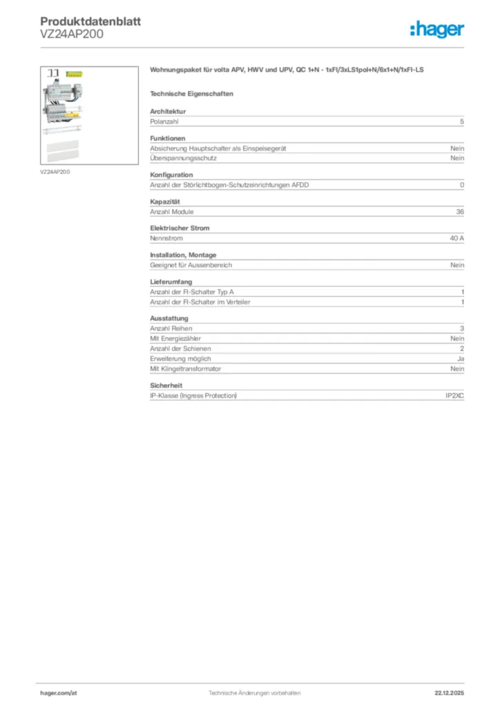 Bild Hager Produktdatenblatt VZ24AP200 | Hager Deutschland