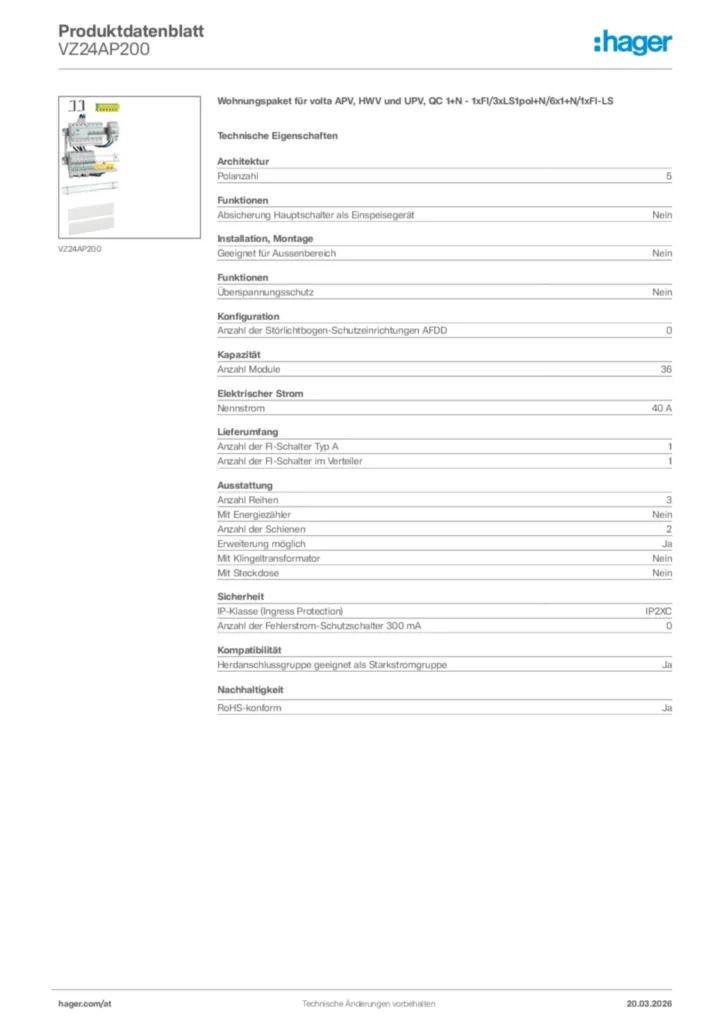 Bild Hager Produktdatenblatt VZ24AP200 | Hager Deutschland