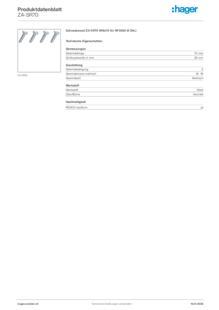 Bild Hager Produktdatenblatt ZA-SR70 | Hager Schweiz