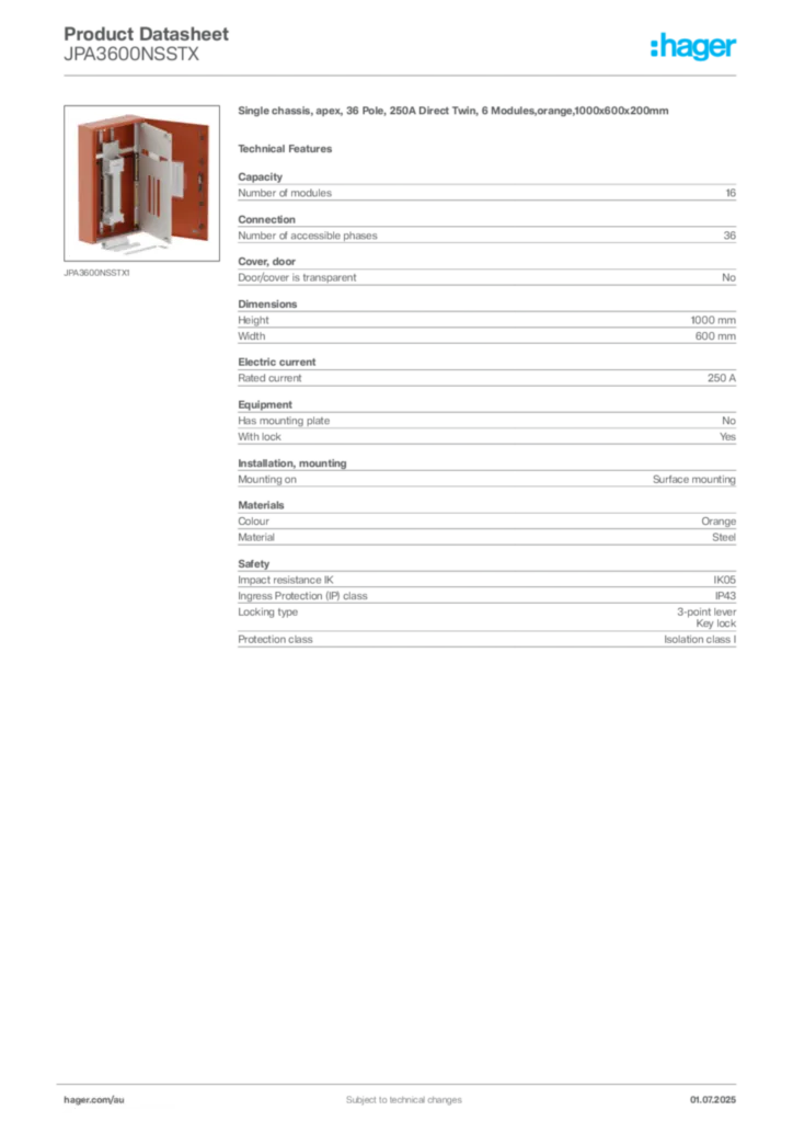 Image Hager Product data sheet JPA3600NSSTX  | Hager Australia