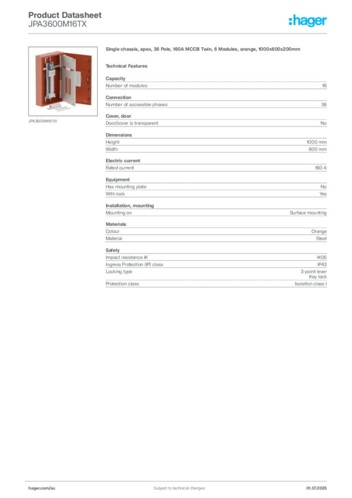 Image Hager Product data sheet JPA3600M16TX  | Hager Australia