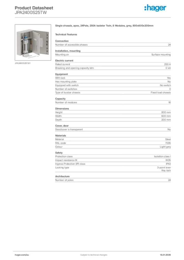 Image Hager Product data sheet JPA2400S25TW  | Hager Australia