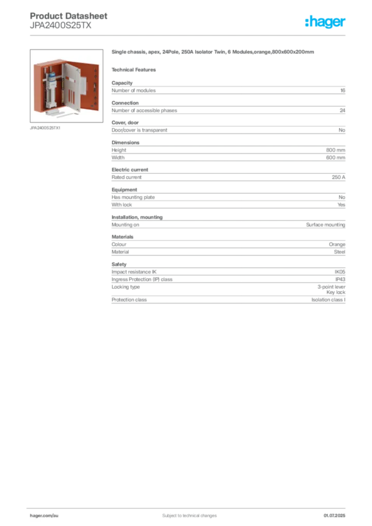 Image Hager Product data sheet JPA2400S25TX  | Hager Australia