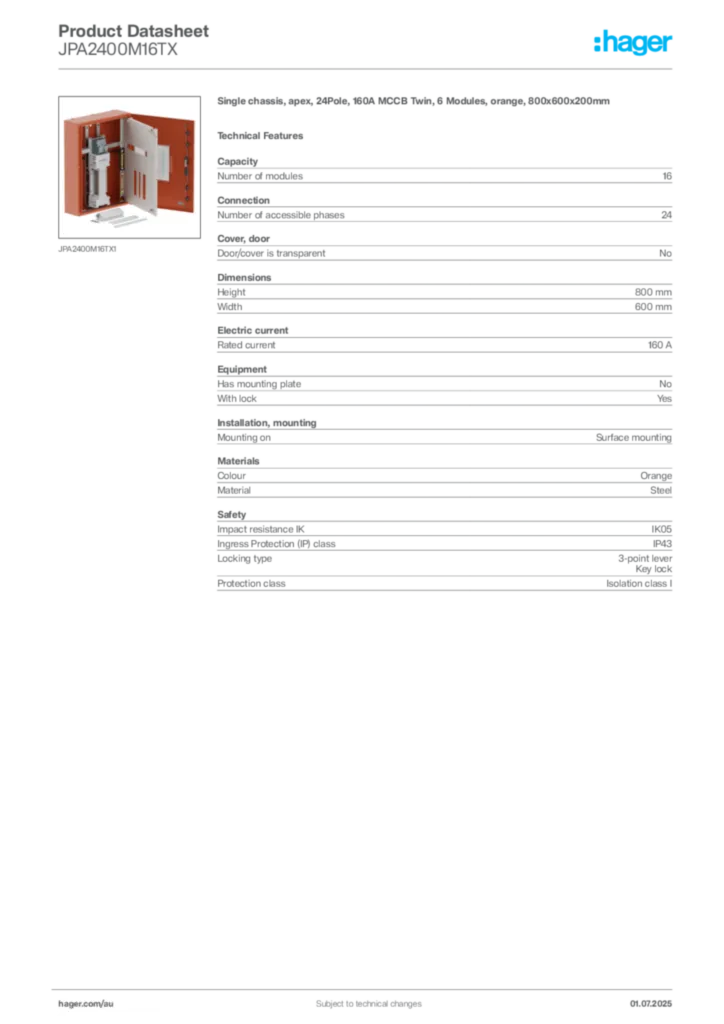 Image Hager Product data sheet JPA2400M16TX  | Hager Australia