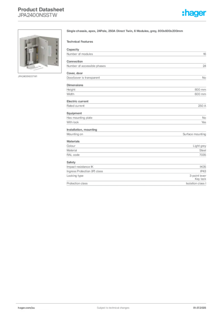 Image Hager Product data sheet JPA2400NSSTW  | Hager Australia