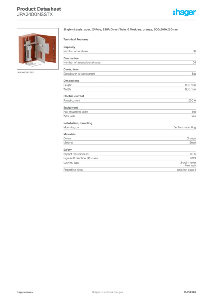 Image Hager Product data sheet JPA2400NSSTX  | Hager Australia