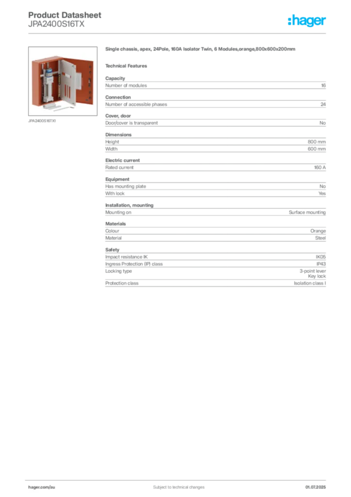 Image Hager Product data sheet JPA2400S16TX  | Hager Australia