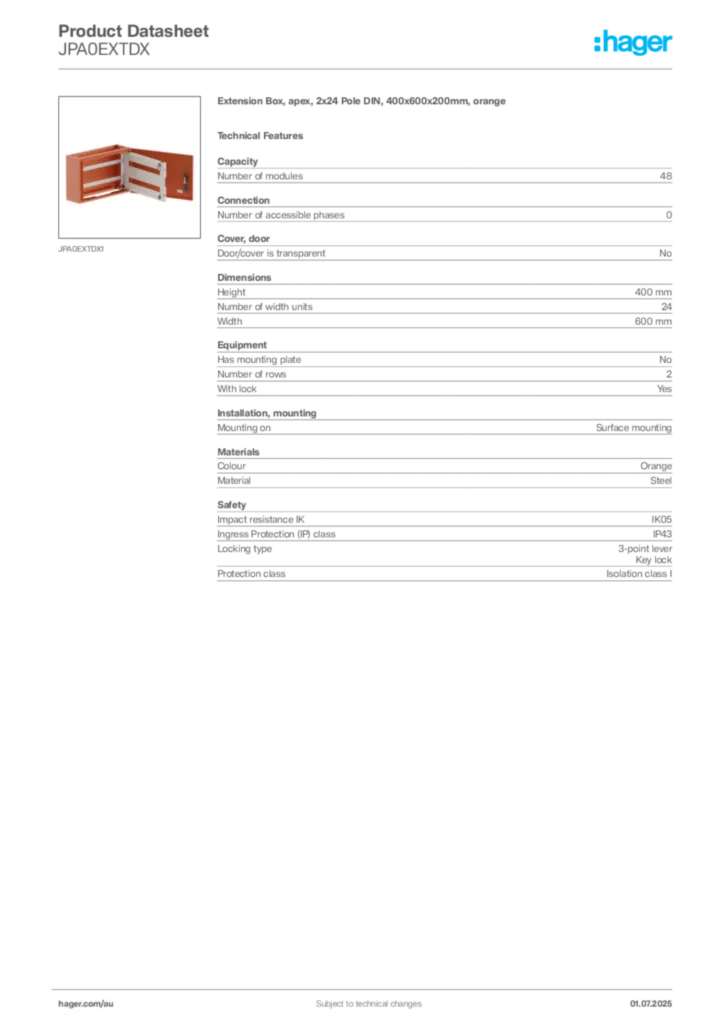 Image Hager Product data sheet JPA0EXTDX  | Hager Australia