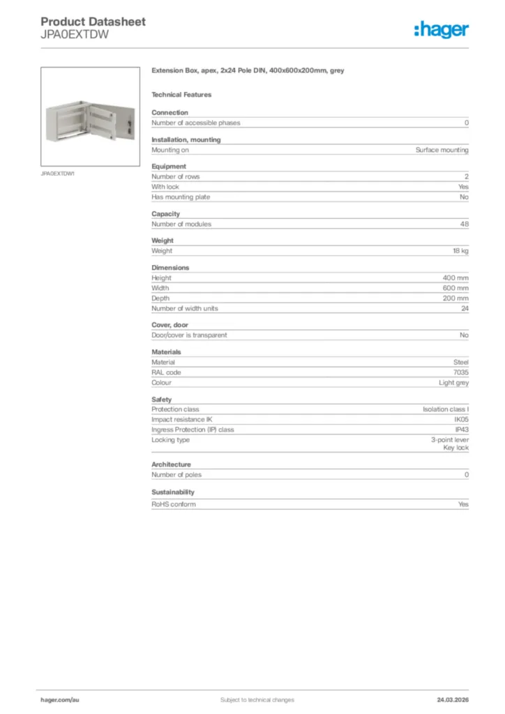 Image Hager Product data sheet JPA0EXTDW  | Hager Australia