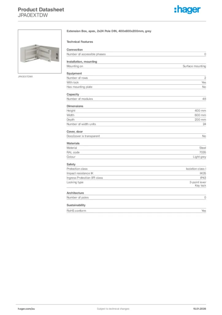 Image Hager Product data sheet JPA0EXTDW  | Hager Australia