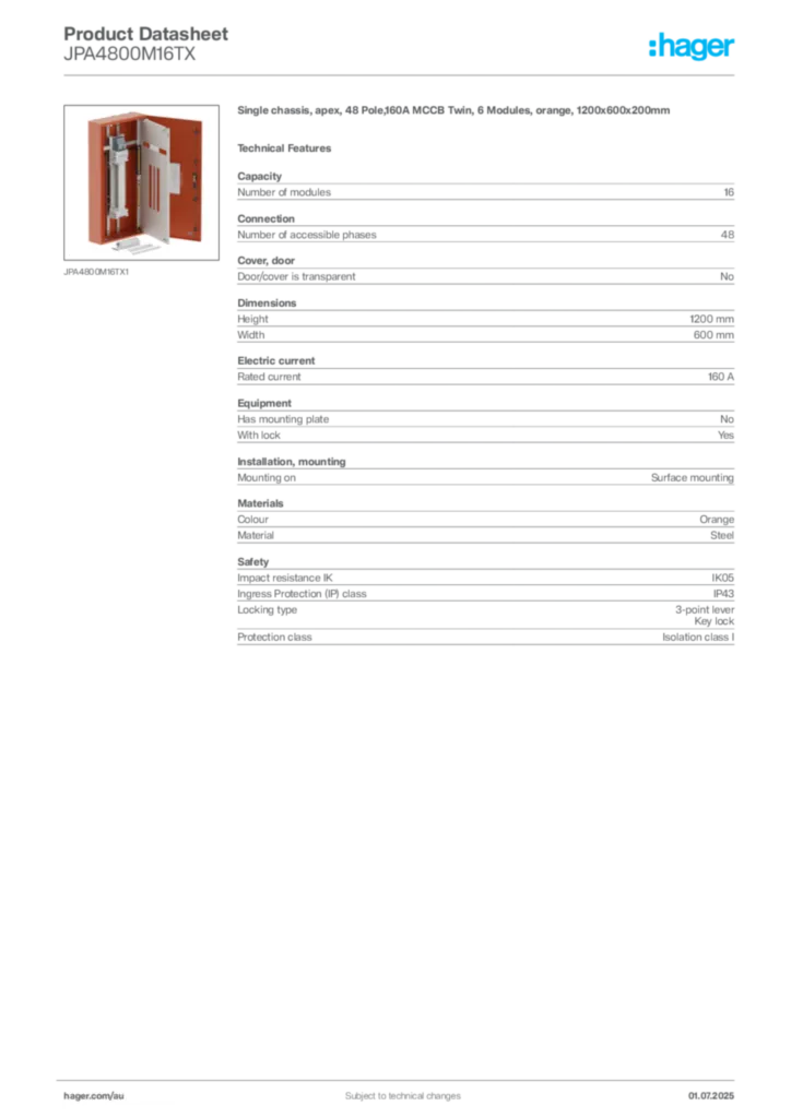 Image Hager Product data sheet JPA4800M16TX  | Hager Australia