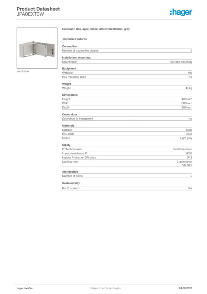 Image Hager Product data sheet JPA0EXT0W  | Hager Australia