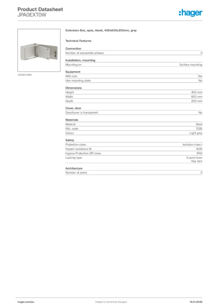 Image Hager Product data sheet JPA0EXT0W  | Hager Australia