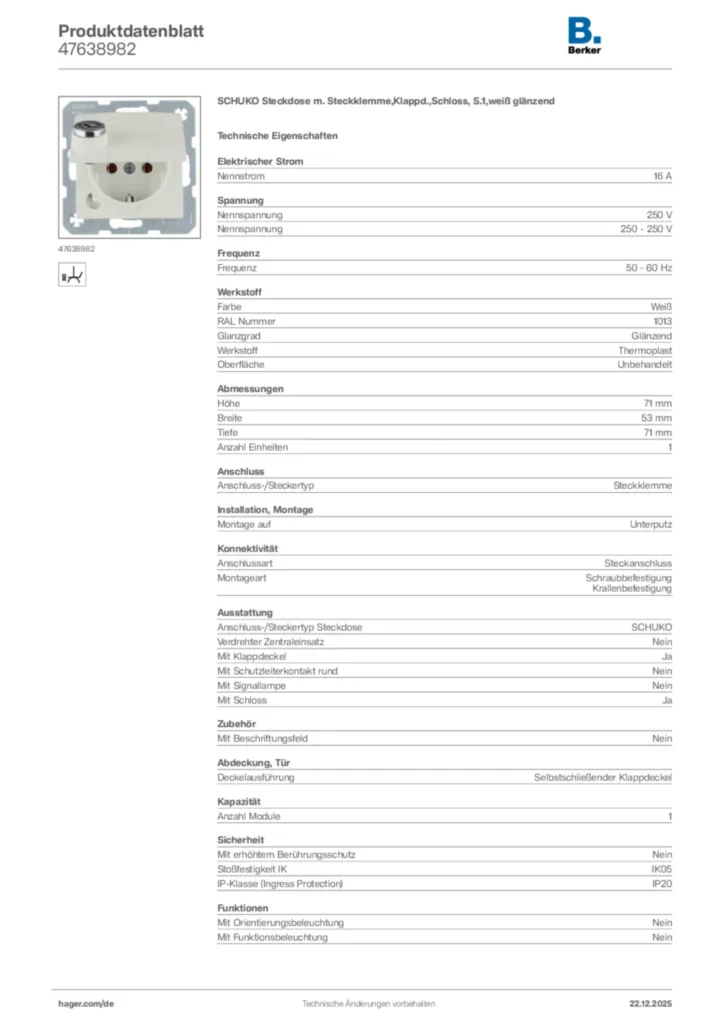 Bild Berker Produktdatenblatt 47638982 | Hager Deutschland
