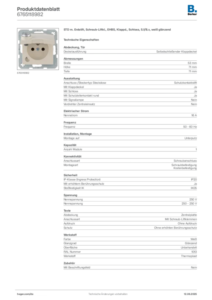 Berker Produktdatenblatt 6765118982