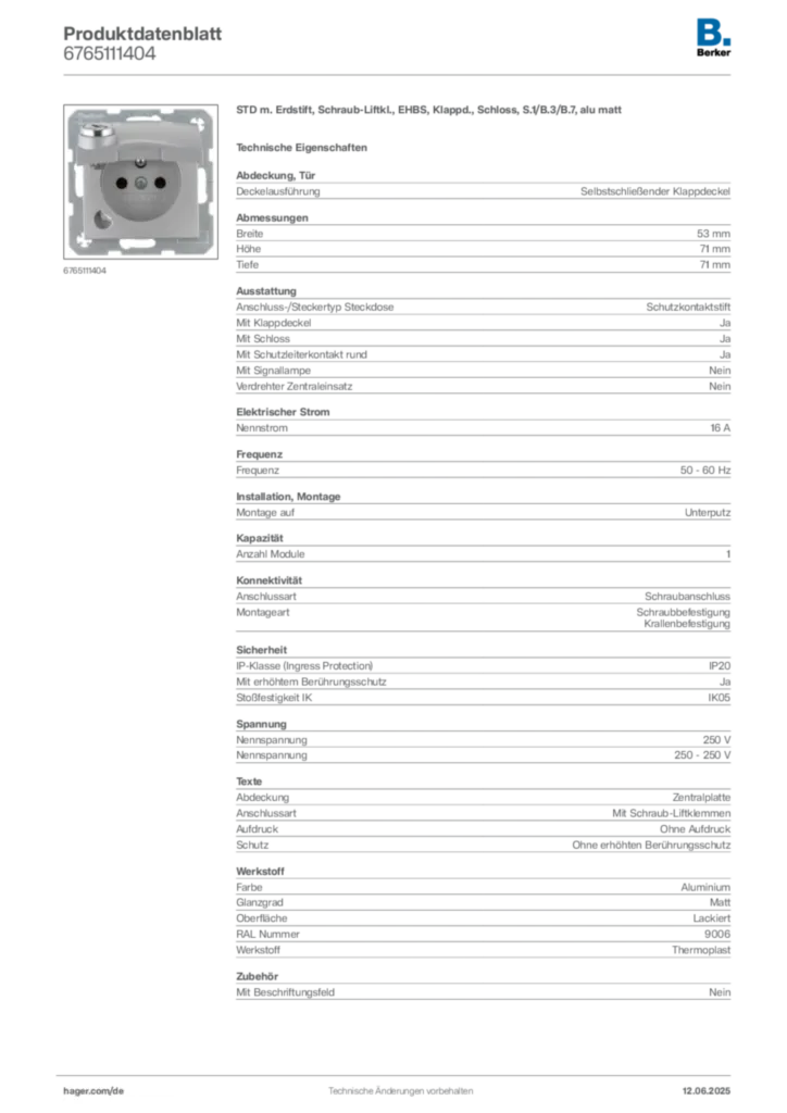 Berker Produktdatenblatt 6765111404