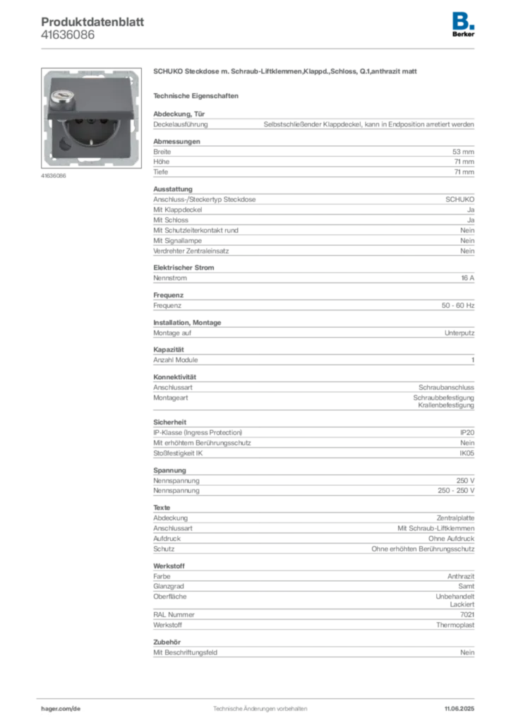 Berker Produktdatenblatt 41636086