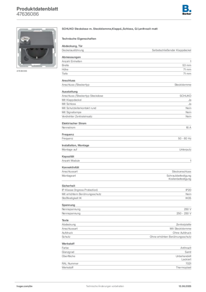 Berker Produktdatenblatt 47636086