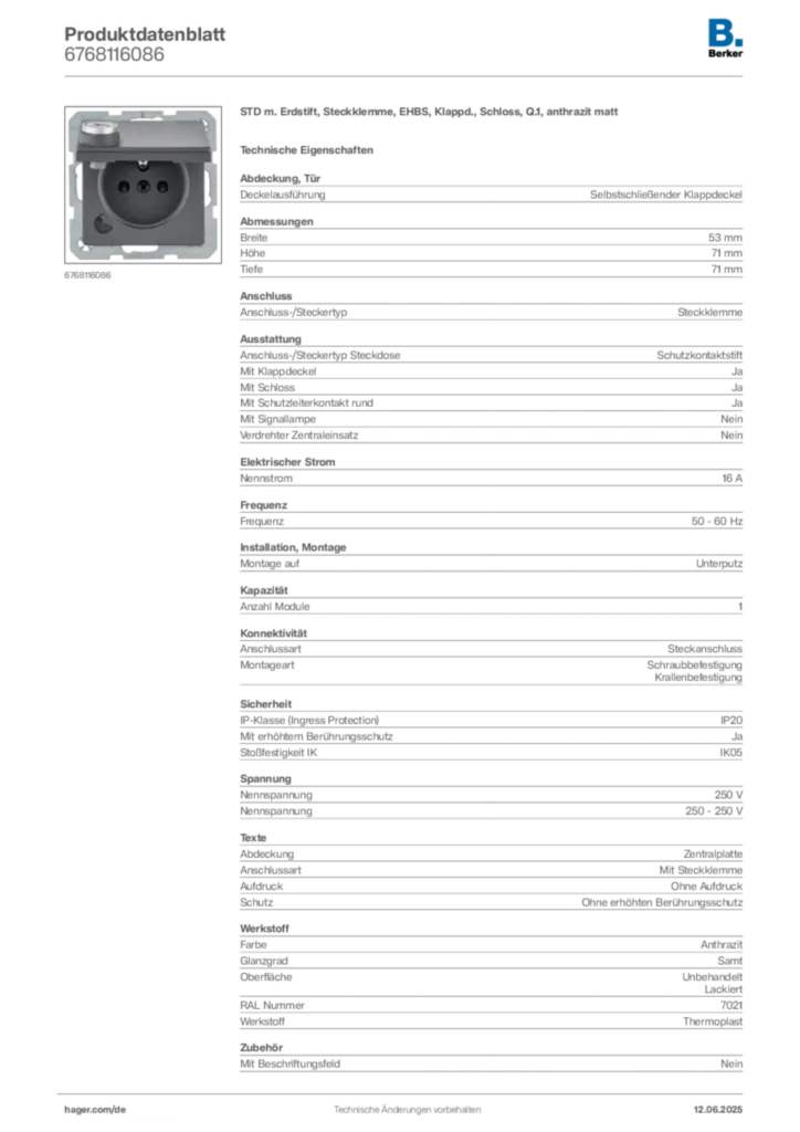 Berker Produktdatenblatt 6768116086