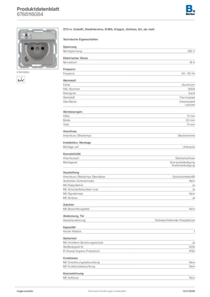 Bild Berker Produktdatenblatt 6768116084 | Hager Deutschland