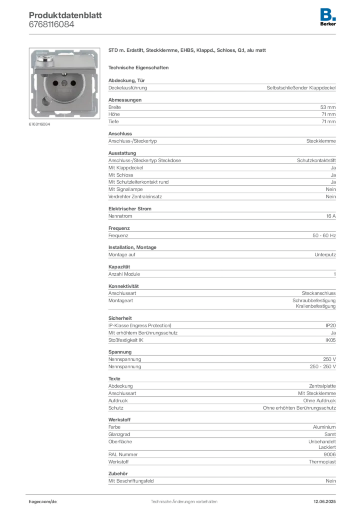 Berker Produktdatenblatt 6768116084