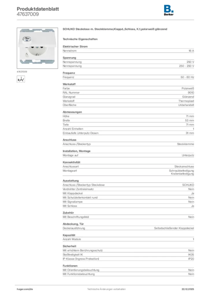 Bild Berker Produktdatenblatt 47637009 | Hager Deutschland