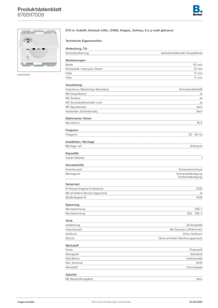 Berker Produktdatenblatt 6765117009
