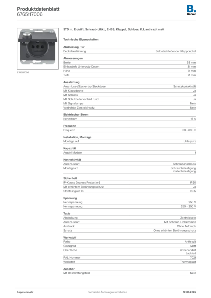 Berker Produktdatenblatt 6765117006