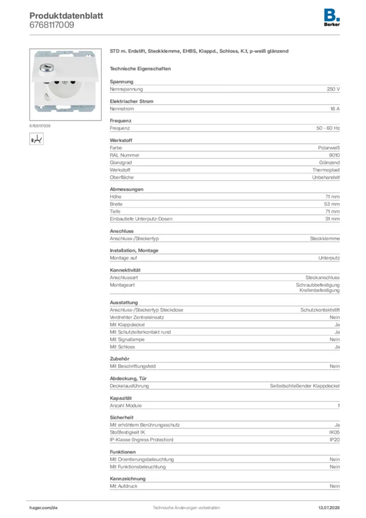Bild Berker Produktdatenblatt 6768117009 | Hager Deutschland
