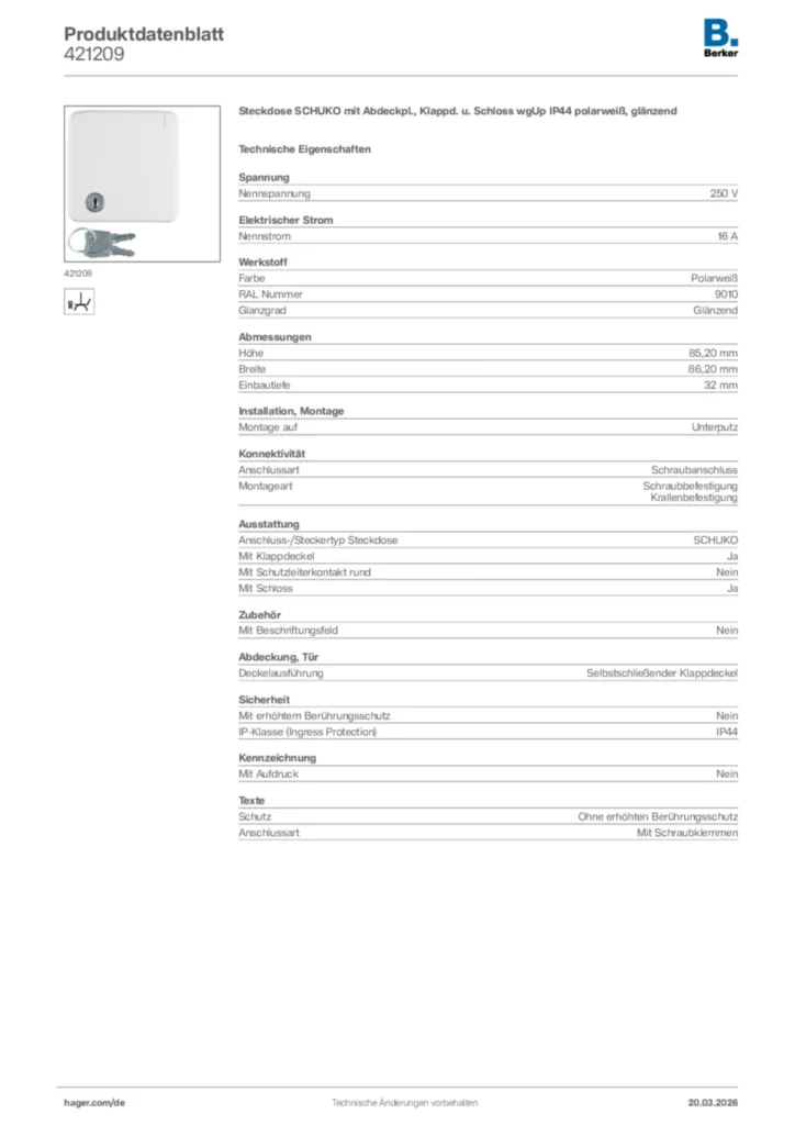 Bild Berker Produktdatenblatt 421209 | Hager Deutschland