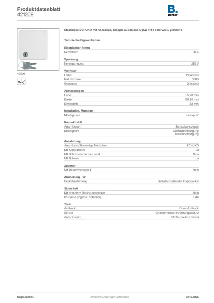 Bild Berker Produktdatenblatt 421209 | Hager Deutschland